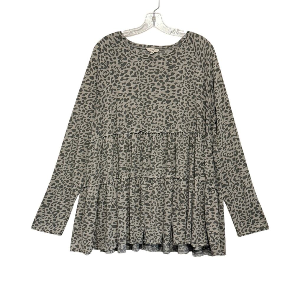 Easel Long Sleeve Leopard Print Tiered Babydoll Tunic Top Gray Womens 2X Boho